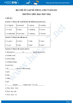 Bộ 5 đề ôn tập hè Tiếng Anh 5 năm 2021 Trường Tiểu học Phú Thọ