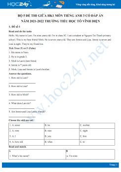 Bộ 5 đề thi giữa HK1 môn Tiếng Anh 3 có đáp án năm 2021-2022 Trường TH Tô Vĩnh Diện
