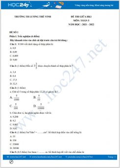 Bộ đề thi giữa HK1 môn Toán 5 có đáp án năm 2021-2022 Trường TH Lương Thế Vinh