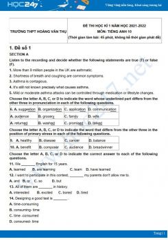 Bộ 5 đề thi HK1 môn Tiếng Anh 10 có đáp án năm 2021-2022 Trường THPT Hoàng Văn Thụ