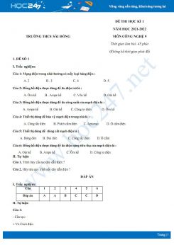 Bộ 5 đề thi HK1 môn Công nghệ 9 năm 2021-2022 - Trường THCS Sài Đồng có đáp án