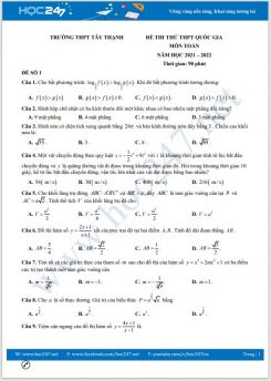 Bộ 5 đề thi thử THPT QG môn Toán năm 2021-2022 có đáp án Trường THPT Tây Thạnh