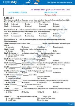 Bộ 5 đề thi thử THPT QG môn Tiếng Anh năm 2021-2022 có đáp án Trường THPT Lý Nhân