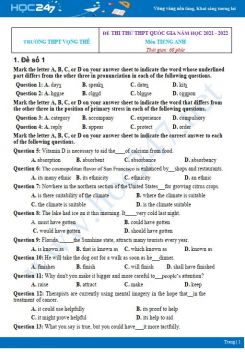 Bộ 5 đề thi thử THPT QG môn Tiếng Anh năm 2021-2022 có đáp án Trường THPT Vọng Thê