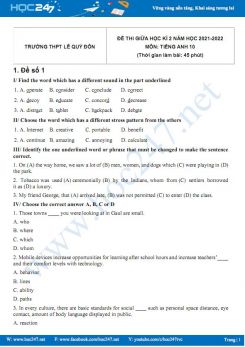 Bộ 5 đề thi giữa HK2 môn Tiếng Anh 10 có đáp án năm 2021-2022 Trường THPT Lê Quý Đôn