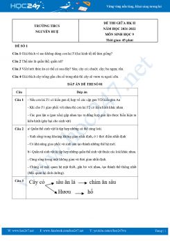 Bộ 5 Đề thi giữa HK2 môn Sinh Học 9 năm 2021-2022 Trường THCS Nguyễn Huệ có đáp án