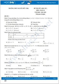 Bộ 5 đề thi giữa HK2 môn Toán 10 năm 2021-2022 có đáp án Trường THPT Nguyễn Hữu Thọ