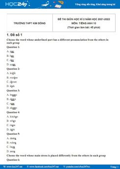 Bộ 5 đề thi giữa HK2 môn Tiếng Anh 10 có đáp án năm 2021-2022 Trường THPT Kim Đồng