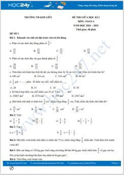 Bộ 5 đề thi giữa HK2 môn Toán 4 năm 2021-2022 có đáp án Trường TH Kim Liên