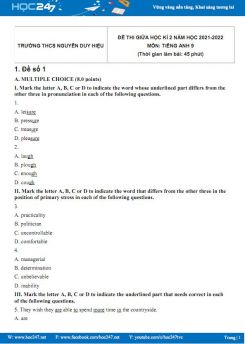 Bộ 5 đề thi giữa HK2 môn Tiếng Anh 9 có đáp án năm 2021-2022 Trường THCS Nguyễn Duy Hiệu