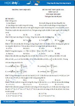 Bộ 5 đề thi thử THPT QG môn Vật Lý năm 2021-2022 có đáp án Trường THPT Hiệp Đức