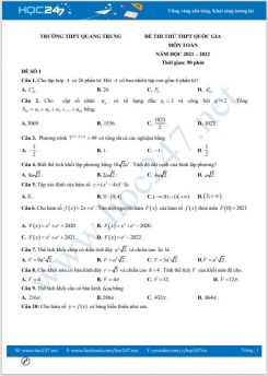 Bộ 5 đề thi thử THPT QG môn Toán năm 2021-2022 có đáp án Trường THPT Quang Trung