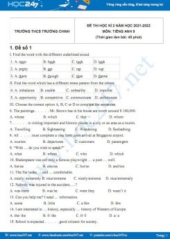 Bộ 5 đề thi HK2 môn Tiếng Anh 9 có đáp án năm 2021-2022 Trường THPT Trường Chinh