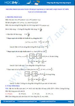 Phương pháp giải bài toán về đoạn mạch R, L, C chỉ chứa một phần tử môn Vật Lý 12