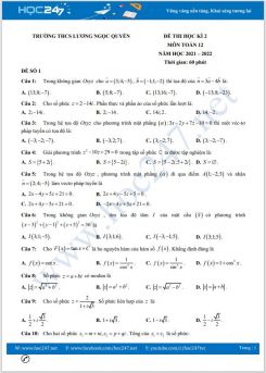 Bộ 5 đề thi HK2 môn Toán 12 năm 2021-2022 có đáp án Trường THPT Lương Ngọc Quyến