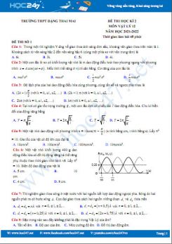 Bộ 5 đề thi HK2 môn Vật Lý 12 năm 2021-2022 có đáp án Trường THPT Đặng Thai Mai