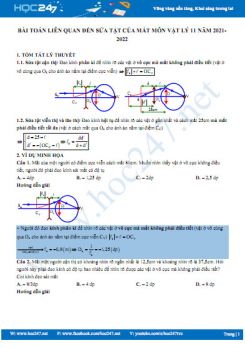 Bài toán liên quan đến sửa tật của mắt môn Vật Lý 11 năm 2021-2022