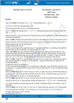 Bộ 5 đề thi thử vào lớp 10 môn Toán năm 2022-2023 có đáp án Trường THCS Vân Nam