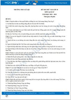Bộ 5 đề thi thử vào lớp 10 THPT chuyên môn Lịch Sử năm 2022-2023 có đáp án Trường THCS Lê Lợi