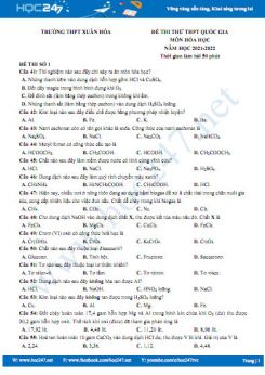 Bộ 5 đề thi thử THPT QG môn Hóa học năm 2021-2022 có đáp án Trường THPT Xuân Hòa