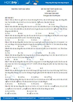 Bộ 5 đề thi thử THPT QG môn Vật Lý năm 2021-2022 có đáp án Trường THPT Bắc Bình