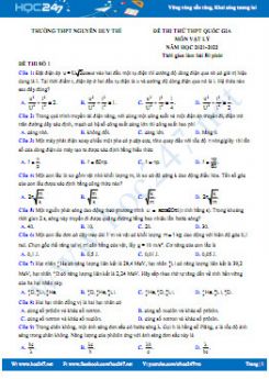 Bộ 5 đề thi thử THPT QG môn Vật Lý năm 2021-2022 có đáp án Trường THPT Nguyễn Duy Thì