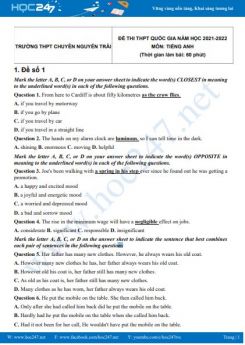 Bộ 5 đề thi thử THPT QG môn Tiếng Anh năm 2021-2022 có đáp án Trường THPT Chuyên Nguyễn Trãi Lần 2