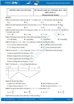 Bộ 5 đề thi giữa HK1 môn Toán 12 năm 2022-2023 có đáp án Trường THPT Nguyễn Trãi