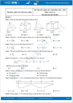 Bộ 5 đề thi giữa HK1 môn Toán 12 năm 2022-2023 có đáp án Trường THPT Nguyễn Duy Hiệu