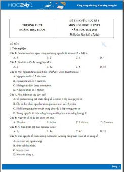 Bộ 5 đề thi giữa HK1 môn Hóa học 10 KNTT có đáp án năm 2022-2023 Trường THPT Hoàng Hoa Thám