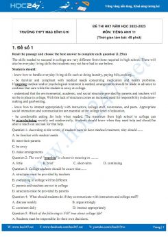 Bộ 5 đề thi HK1 môn Tiếng Anh 11 năm 2022-2023 có đáp án Trường THPT Mạc Đĩnh Chi