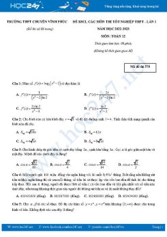 Đề thi thử tốt nghiệp THPT môn Toán năm 2023 Trường THPT Chuyên Vĩnh Phúc lần 1 có đáp án