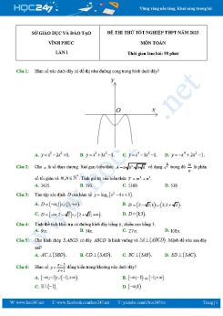 Đề thi thử tốt nghiệp THPT môn Toán năm 2023 Sở Vĩnh Phúc lần 1 có đáp án
