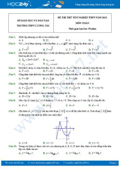 Đề thi thử tốt nghiệp THPT môn Toán năm 2023 Trường THPT Lương Tài lần 2 có đáp án