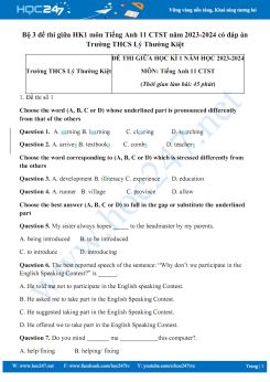 Bộ 3 đề thi giữa HK1 môn Tiếng Anh 11 CTST năm 2023-2024 có đáp án Trường THPT Lý Thường Kiệt