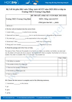 Bộ 3 đề thi giữa HK1 môn Tiếng Anh 6 KNTT năm 2023-2024 có đáp án Trường THCS Trương Công Định