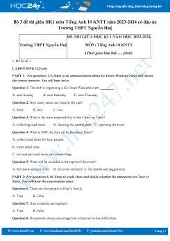 Bộ 3 đề thi giữa HK1 môn Tiếng Anh 10 KNTT năm 2023-2024 có đáp án Trường THPT Nguyễn Huệ